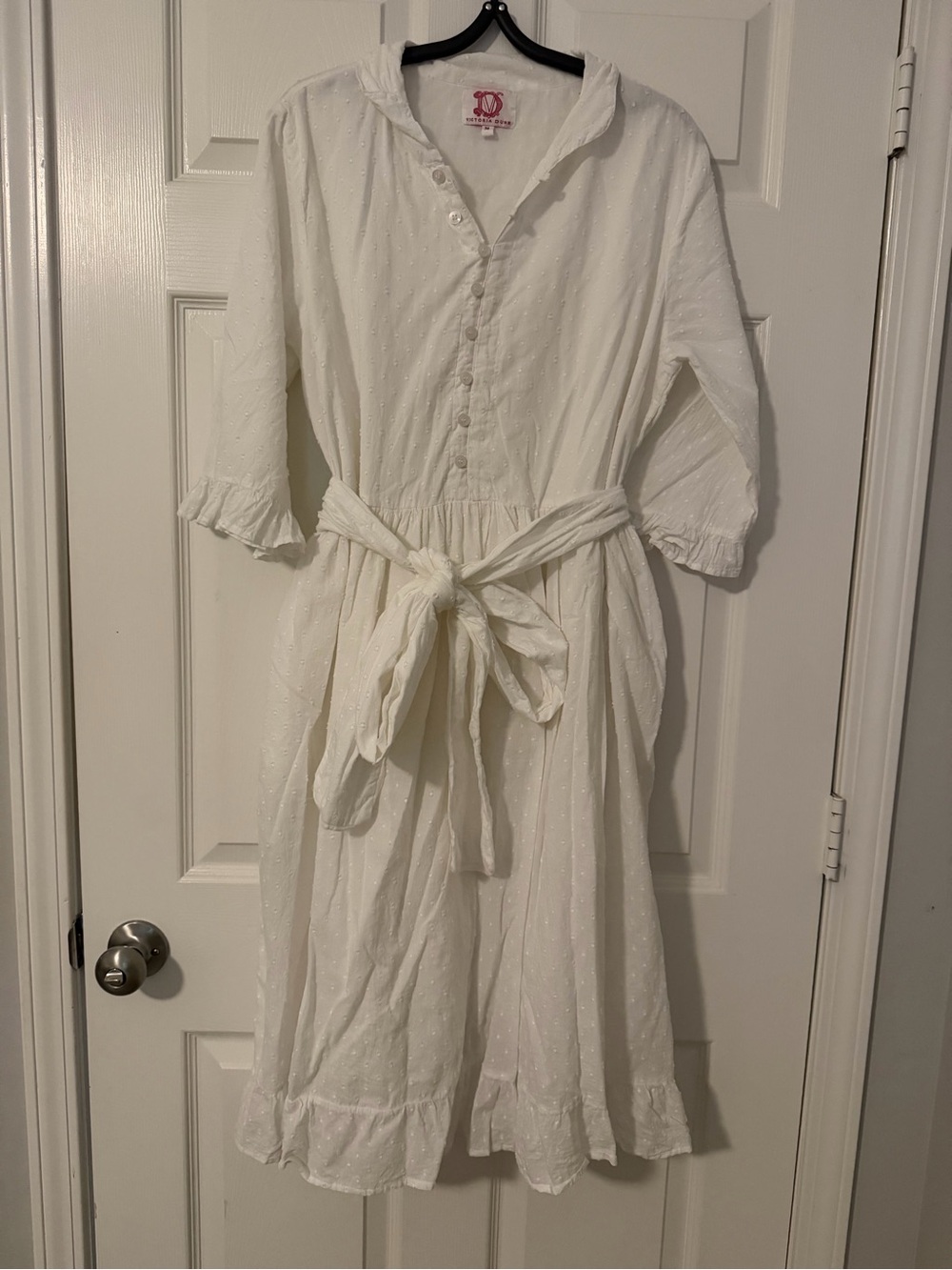 Victoria Dunn White Button-Front Tie-Waist Midi Dress